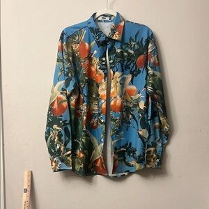 Blue and Orange Casual Button Down Shirt with Tropical Print